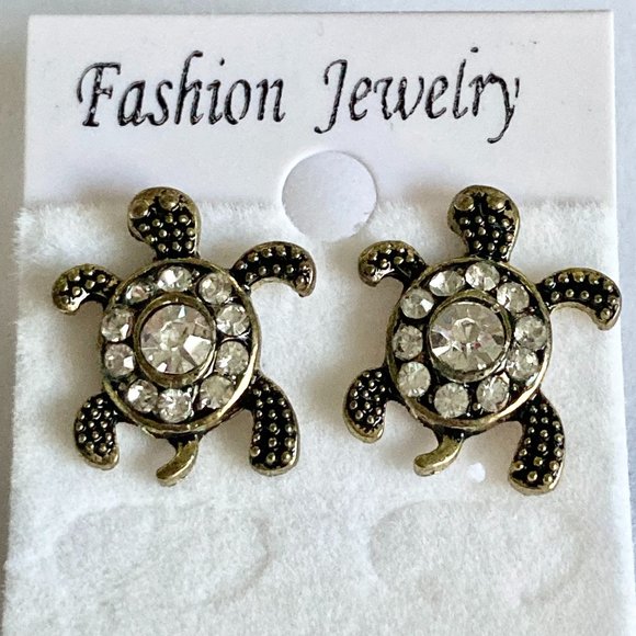 Crystal Sea Turtle Post Earrings Gold Tone Plated Nautical Island Beach Dainty - Picture 4 of 12